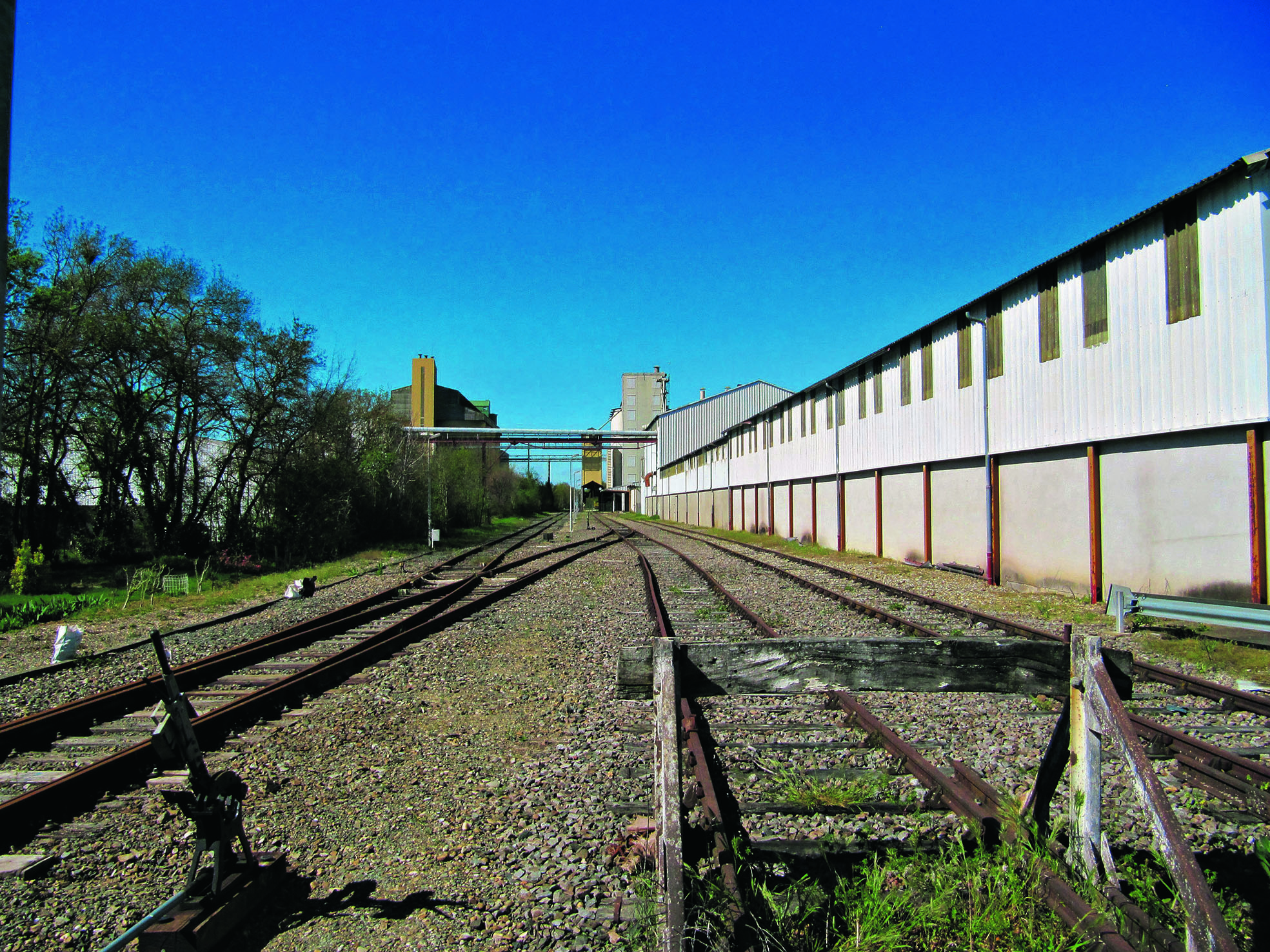 L’ancienne gare de Sainte-Christie transformée en ITE avec, au fond, les silos de l’entreprise Val de Gascogne (6 avril 2014).