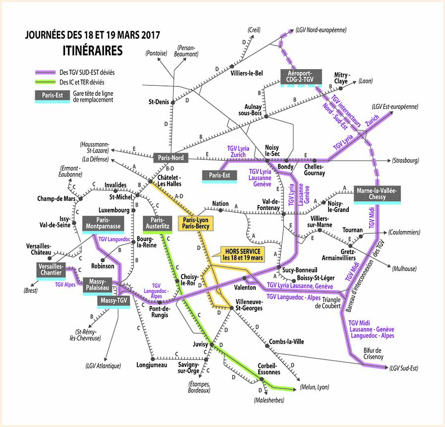 18-19 mars : Paris-Lyon fermée, la carte des itinéraires de délestage, les horaires des trains détournés